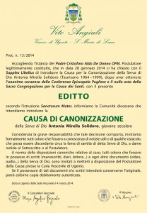 L'Editto del Vescovo di Ugento-S.M di Leuca, Vito Angiuli, che  annuncia l’apertura della Causa di Canonizzazione di Mirella Solidoro